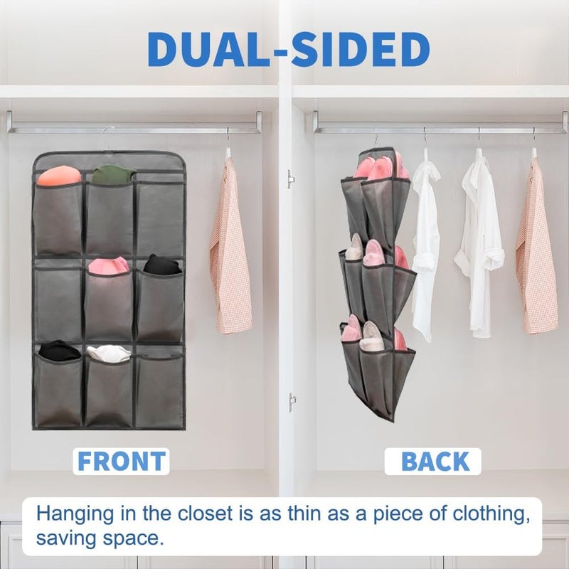 TEMUORG 2 Pcs Closet Organizer Dual Sided Hanging Shoe Storage Bag Underwear Socks Holder with 18 Pockets (FABRIC POCKETS) - Image 3